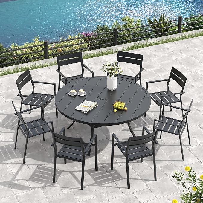 VICLLAX 60" Round Patio Table, Outdoor Dining Table for 8-10 with Umbrella Hole for Garden Lawn Deck Backyard, Black