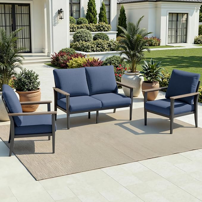 Aluminum Outdoor Patio Furniture Set 4-Seat, Patio Conversation Set Sectional Furniture Set with High Backrest & Thickened Cushions for Garden, Backyard, Poolside, Navy Blue