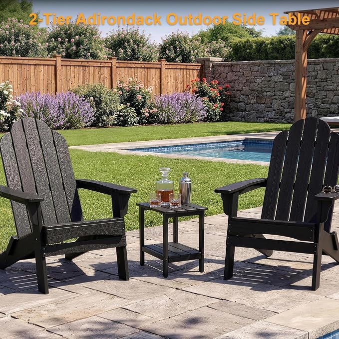 Outdoor Side Table, Small Square Patio Side Table with Adjustable Feet, All-Weather HDPE Adirondack End Tables for Porch Deck Balcony Pool, 2-Tier Storage, Easy Maintenance, Black
