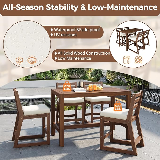 WILLIAMSPACE 51.9" 5-Piece Outdoor Bar Table Set, Patio Acacia Wood Bar Height Table & 4 Chairs with Cushions, Solid Wood Outdoor Dining Bistro Bar Set for Poolside, Balcony, Backyard (Mocha)