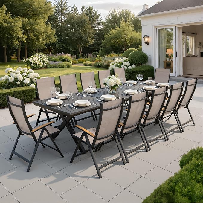 Crestlive Products 118" Outdoor Aluminum Dining Table for 12 People, Black Extra Long Patio Table with X Frame Legs and Adjustable Umbrella Hole, Heavy Duty Backyard Deck Garden Dining Tables