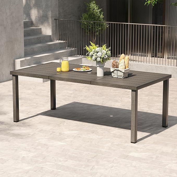 HAPPATIO Outdoor Dining Table for 8, Large 80.3" Rectangular Aluminum Patio Tabletop with Umbrella Hole, Rustproof Aluminum Frame for Poolside Lawn Garden