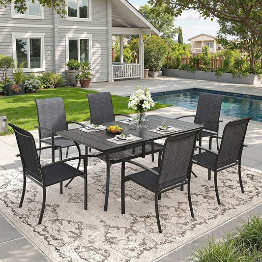 DIFY 7 Pieces Outdoor Dining Set, Metal Patio Table and Chairs Set for 6 with Umbrella Hole, 59.2" Rectangle Dining Table and Textilene Stackable Patio Chairs for Garden Backyard Poolside, Black