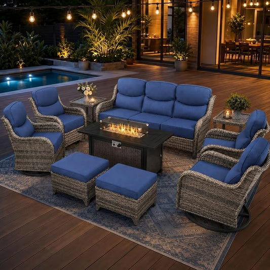 HUMMUH 10-Piece Wicker Swivel Rocker Patio Furniture Set with Fire Pit | 50,000 BTU fire pit, 6-inch 28D foam cushions, UV-proof PE wicker, Olefin fabric, 350lb weight capacity