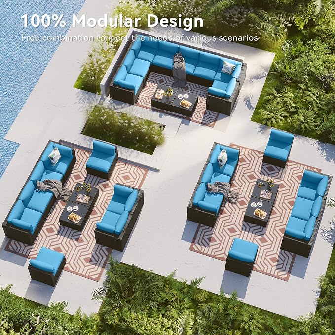 LazySunsets 10 Piece Outdoor Patio Furniture Set with Coffee Table, Outdoor Patio Furniture Sets with 4'' Thicken Cushion, Wicker Rattan Outdoor Conversation Set for Backyard & Garden, Peacock Blue