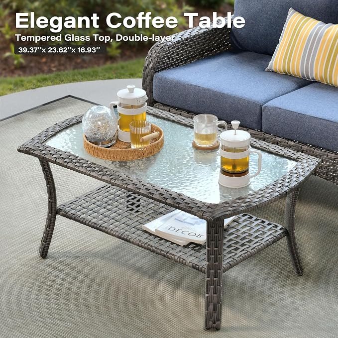8 Pieces Patio Conversation Sets,Patio Furniture Set with Swivel Rocking Chairs,Coffee Table, Side Table, All Weather Rattan Wicker Outdoor Sectional Furniture Set for Porch Balcony Backyard Blue