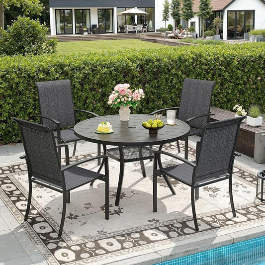DIFY 5 Pieces Outdoor Dining Set for 4, 40.6" Round Dining Table with Umbrella Hole and Textilene Stackable Patio Chairs, Metal Patio Table and Chairs Set for Garden Backyard Poolside, Black