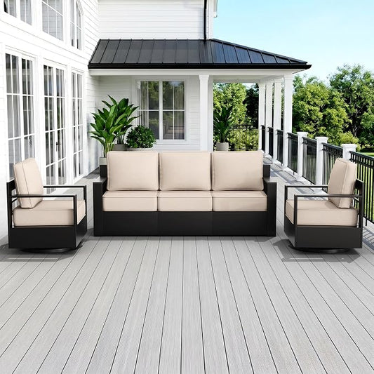 Outdoor Patio Furniture Set, 3-Piece Aluminum Patio Conversation Set All-Weather Metal Outdoor Sectional with 6 Inch Thick Cushions, Deep Setting for Garden, Outside and Porch, Beige