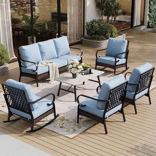 SUNSHINE VALLEY 6 Piece Metal Outdoor Patio Furniture Set, 1 3-Seater & 2 Fixed Sofa, 2 Rocking Sofa with 5.75" Thick Cushion & Coffee Table - Black & Blue