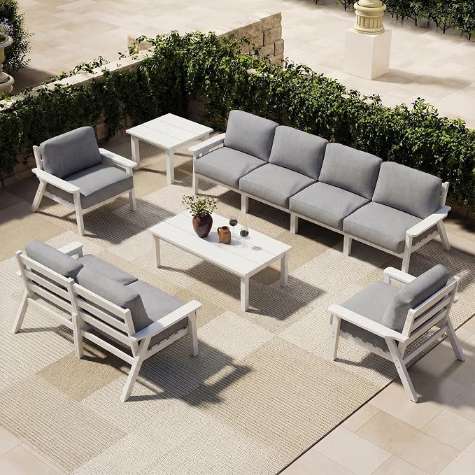 Patio Furniture Set 8 Seats, 4-Seater and 2-Seater Outdoor Sofas with Gray Washable Thick Cushions, Patio Conversation Sets for Lawn, Garden, Porch, Balcony, Deck (White Frame)