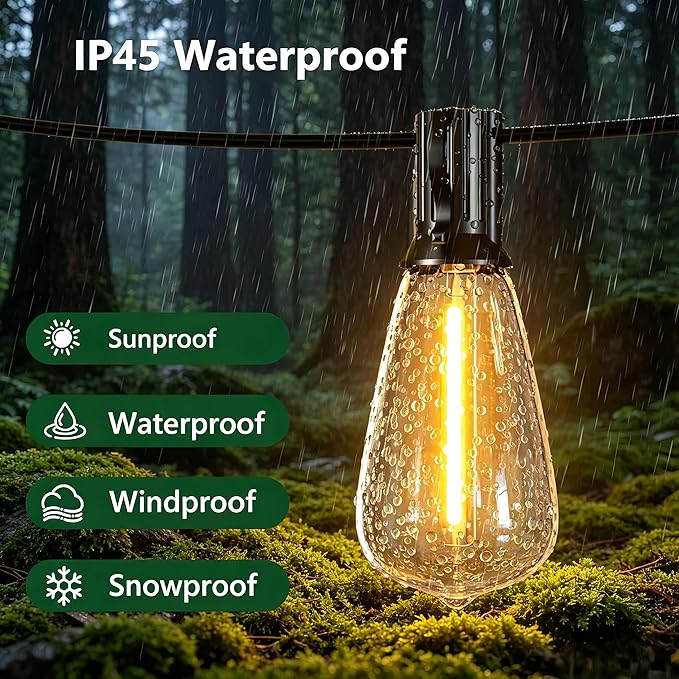 100FT Outdoor String Lights, Waterproof Patio Lights with Clear Shatterproof Plastic ST38 Vintage Edison Bulbs, Connectable Outside Hanging Lights for Backyard, Porch, Deck, Balcony, Garden, 2700K