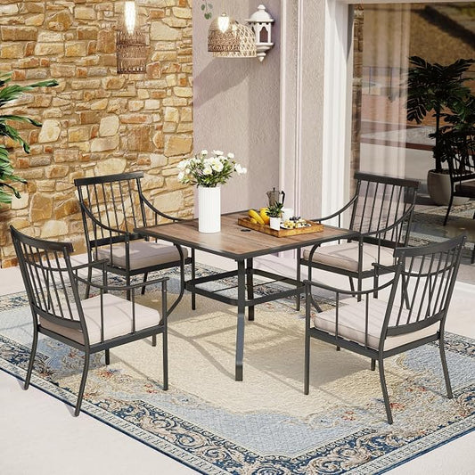 MFSTUDIO 5-Piece Patio Dining Set, 6 Metal Cushioned Chairs, Umbrella Hole | 37" Square Wood-Look Metal Table, Black