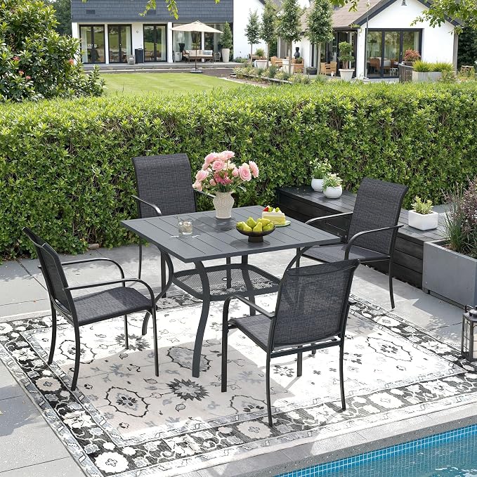 DIFY 5 Pieces Outdoor Dining Table Chair Set, Patio Dining Set with 1 Grey Square Curved Legs Table with and Umbrella Hole & 4 Grey Stackable with Armrests Chairs for Lawn, Garden, Porch