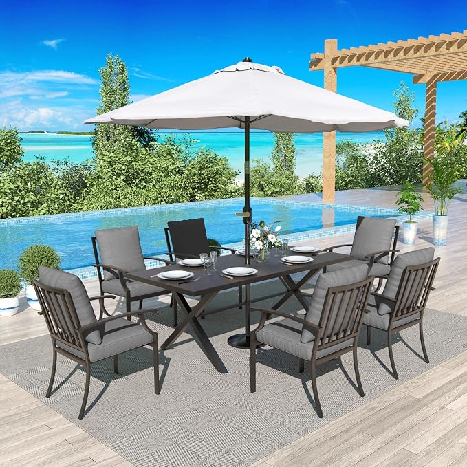 Gotland 7 Piece Outdoor Dining Set, Metal Outdoor Table and Chairs with X-Shaped Legs 1.5" Umbrella Hole, Patio Furniture Set with Waterproof Cushions, Patio Dining Sets for Backyard Deck Gray