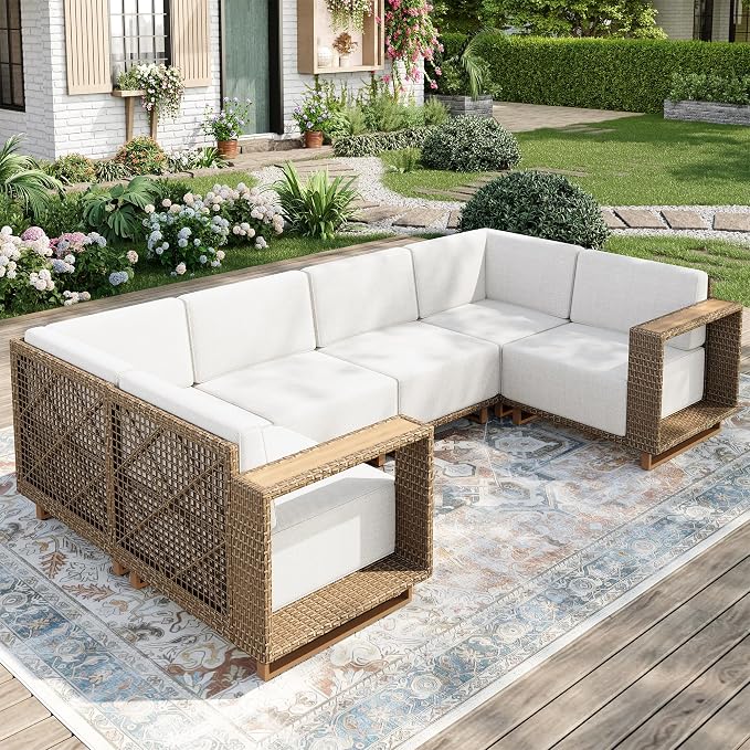 MIXPATIO Patio Sectional Furniture Set, 6 Piece U Shape Patio Couch Wicker Sofa, Yellow Rattan Modular Outdoor Conversation Set with 10" Extra Thick Cushions, Low Profile Deck Backyard Lawn Furniture