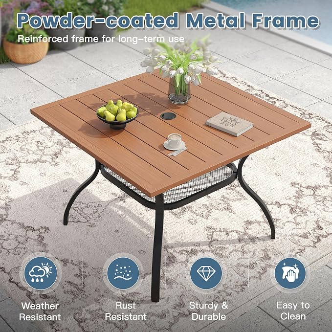 DIFY 5 Piece Patio Dining Set for 4, Wicker Stackable Patio Chairs & 37.8" Square Walnut Metal Dining Table with Umbrella Hole, All Weather Outdoor Table and Chairs Set for Deck Garden Backyard