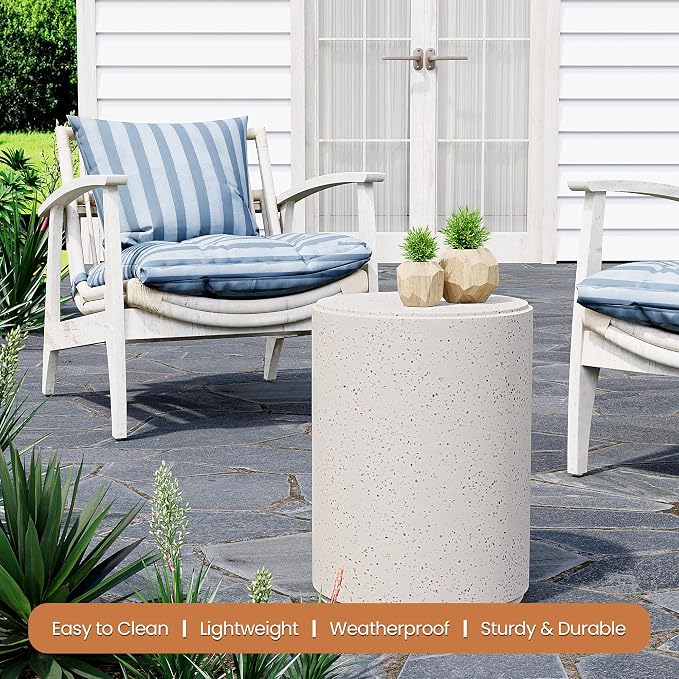 HOMPUS Outdoor Side Table Round, Concrete Lightweight MgO End Table, Patio Accent Coffee Table Garden Tool for Patio, Porch and Deck, Spotted White
