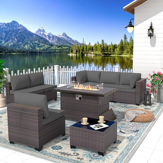 Patio Furniture Set with Fire Pit Table 8 Pieces Outdoor Sectional Sofa Set,PE Rattan Wicker Patio Conversation Set w/43in 55000 BTU Propane Fire Pit Table,Grey