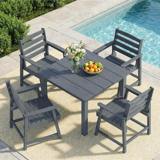 LOUNZY 5 Piece Outdoor Table and Chairs Set, HDPE Weather Resistant, Gray | 4 seat HDPE patio dining set, fade resistant and waterproof, easy clean, ideal for small outdoor spaces