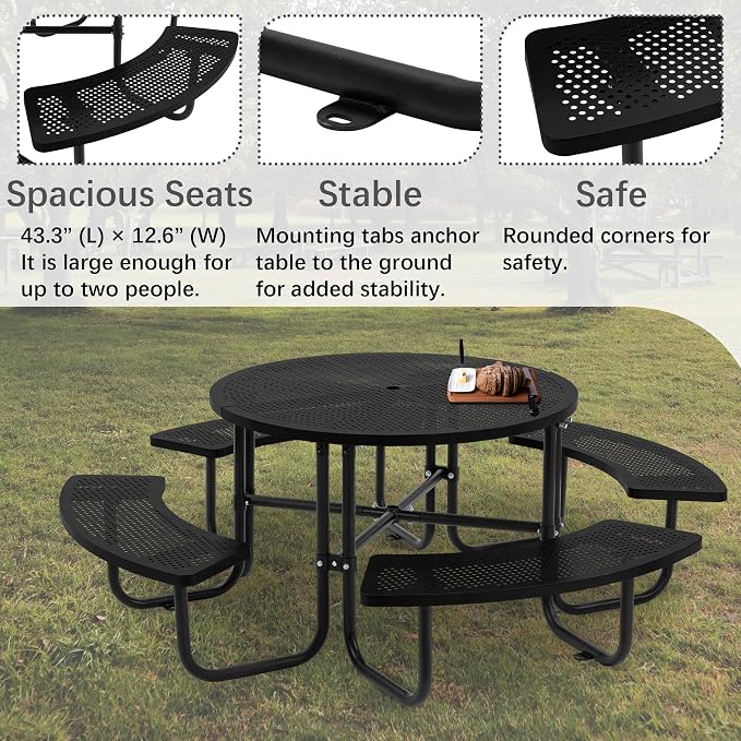 46" Round Heavy Duty Metal Picnic Table with 1.78" Umbrella Hole, Rustproof Coated Mesh Tabletop, Portable Round Outdoor Table for Patio, Lawn, Garden, Backyard & Camping, Black