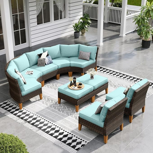 Sophia & William Outdoor Wicker Sectional Sofa Set, 9 Piece Half Moon Curved Patio Furniture Modern Round Outdoor Couch Conversation Set with Ottoman for Backyard, Pool, Garden(Aqua Blue)