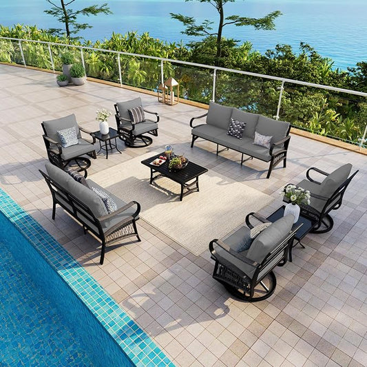 9 Pieces Patio Conversation Sets, All-Weather Metal Swivel Rocking Chairs with Rope Furniture Set, Outdoor Sofa Couch for Deck, Porch, Garden, Backyard, Poolside (Gray Cushions)
