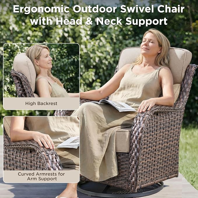 Luxury Outdoor Swivel Rocker Patio Chairs-3 Piece Wicker Patio Rocking Chairs Set of 2 with Glass Side Table 6" Thick Cushions High Back Outdoor Furniture Sets for Deck Porch Balcony(Brown/Beige)