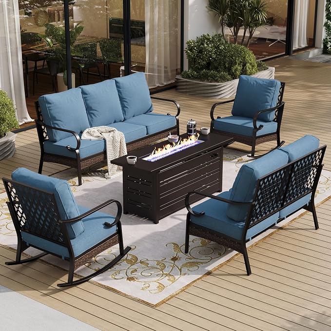 SUNSHINE VALLEY 5 Piece Metal Outdoor Patio Furniture Set with Firepit Table, Patio Conversation Set 1 3-Seater Sofa, 2-Seater Sofa, 2 Rocking Chairs with 5.75" Cushion for Backyard Deck, Denim Blue