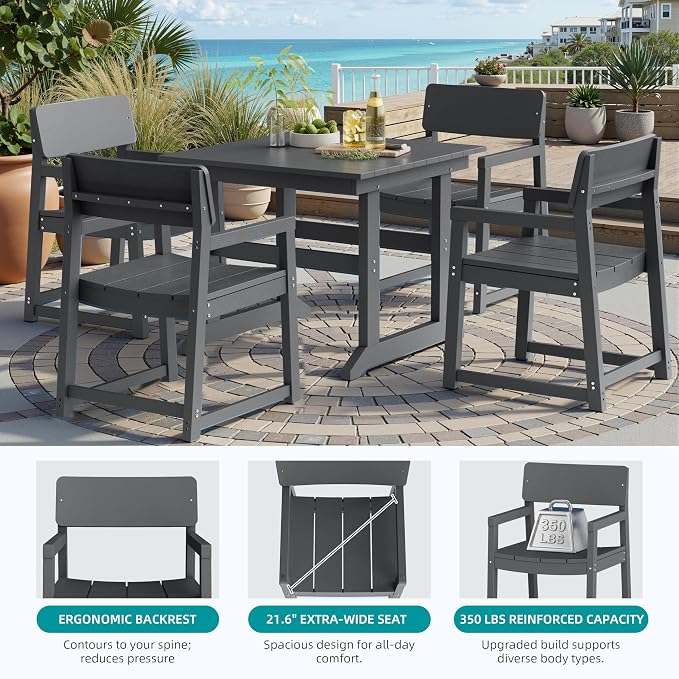Shintenchi 5 Pieces Outdoor Dining Set,HDPE Outdoor Table and Chairs Set for 4,All Weather Patio Furniture Sets,Modern Wooden Textured Dining Sets for Backyard,Garden,Dark Grey