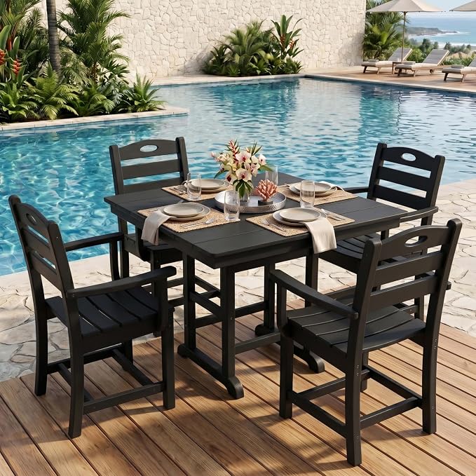 WILLIAMSPACE 37.8" Outdoor Patio Dining Set with 4 Armchairs, All Weather HDPE Square Dining Table with Umbrella Hole, Patio 5-Piece Bistro Set for Backyard, Balcony, Lawn, Kitchen (Black)