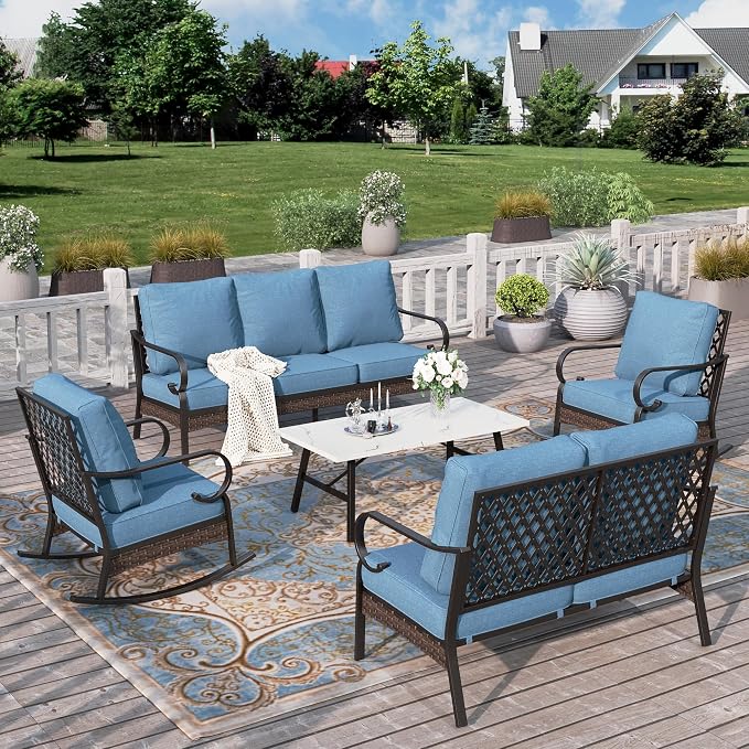 HERA'S HOUSE 5 Piece Metal Patio Furniture Set, 7 Seats All Weather Outdoor Conversation Set, 3 Seat Sofa with Loveseat, 2 Rocking Chairs, Coffee Table for Backyard, Garden, Deck, Navy Blue