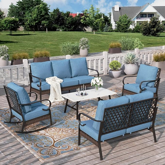 HERA'S HOUSE 5 Piece Metal Patio Furniture Set, 7 Seats All Weather Outdoor Conversation Set, 3 Seat Sofa with Loveseat, 2 Rocking Chairs, Coffee Table for Backyard, Garden, Deck, Navy Blue