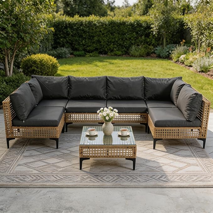 7 PCs Outdoor Patio Furniture All Weather Wicker Rattan Sectional Conversation Sofa Set w/Water Resistant Cushions, Coffee Table for Paito, Lawn, Garden, Grey