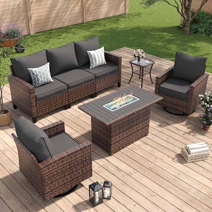 Amopatio Patio Furniture Set with Fire Pit Table, Wicker Outdoor Sectional Sofa with Swivel Rocker Chairs, All-Weather Rattan Conversation Set, Waterproof Cover for Backyard, Deck Brown/Grey 5 PCS