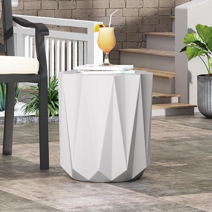 Outdoor Side Table 15.5" Geometric Shape Lightweight Concrete-Look Outdoor Indoor Accent Table Decorative Garden Stools, for Patio Porch Living Room, White