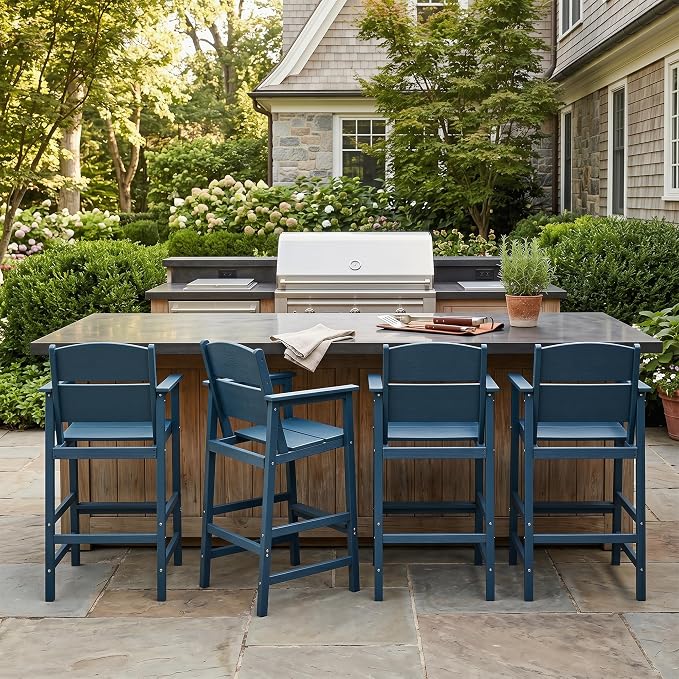 4 Pack HDPE Outdoor Bar Height Chairs, 28.5" All-Weather Patio Stools with Comfortable Armrests, Heavy-Duty Poly Wood High Top Seating for Outdoor Kitchen/Garden/Fire Pit/Backyard, Blue