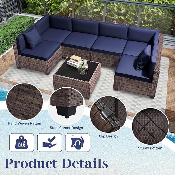 KIGOTY 14-Piece Patio Furniture Set, All-Weather PE Rattan Outdoor Sectional Sofa, Modular Wicker Conversation Set with Thick Cushions & Easy-Clean Coffee Table（Brown/Navy）