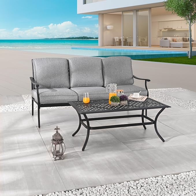 LOKATSE HOME 3 Seat Metal Patio Loveseat Bench Outdoor Furniture Bistro Set with Coffee Table for Lawn Front Porch Garden Yard or Poolside, Grey