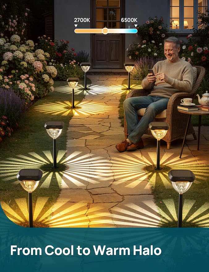 Linkind Smart Solar Pathway Lights SP6,Pattern Switch Solar Lights Outdoor | USB&Solar Charging, Cool/Warm White/Color Changing Landscape Lighting for Yard,Garden,Patio, 4 Pack