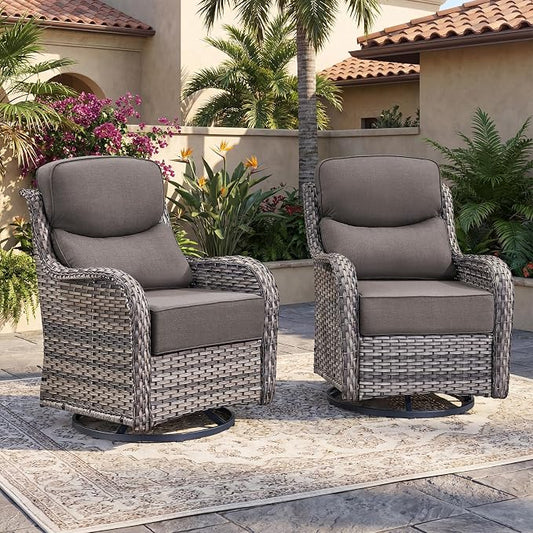 Rilyson Wicker Outdoor Swivel Rocker Chairs - All Weather Resistant Wicker Patio Furniture Set of 2 with High Back and 6 inch Thick Cushions for Deck Porch Yard and Poolside, Mixed Grey/Grey