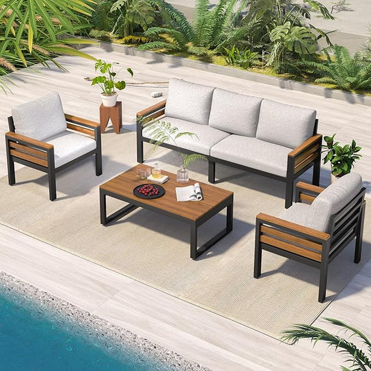 VilroCaz 4-Piece Outdoor Patio Furniture Sectional Sofa Set with Acacia Wood Armrests, All-Weather Conversation Set with Removable Cushion and Solid Wood Coffee Table for Garden Backyard (Beige-TH)