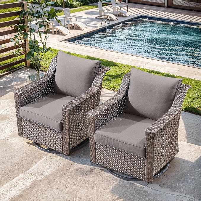 Outdoor Swivel Rocker Patio Chairs-Outdoor Swivel Chair with High Back Patio Chairs for Deck Balcony Poolside Backyard-Brown/Grey