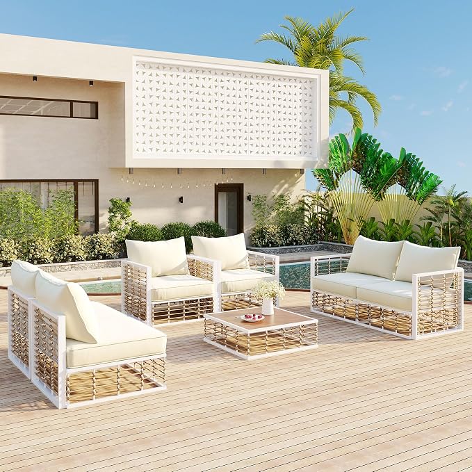 Modern Minimalist 7-Piece Metal Patio Sectional Sofa Set, All-Weather Garden Conversational Furniture Set with Thick Cushions and Coffee Table for Indoor Outdoor (White#26)