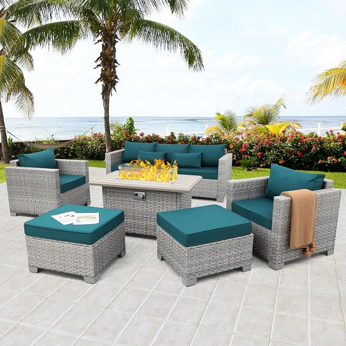 WAROOM Patio Furniture Set 6 Piece PE Rattan Outdoor Conversation Sets Grey Wicker Couch Sectional Sofa with Fire Pit Table and Peacock Blue Cushion