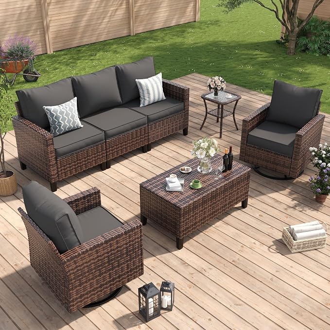 Amopatio Patio Furniture Set, Wicker Outdoor Sectional Sofa with Swivel Rocker Chairs, All-Weather Rattan Conversation Set, Storage Coffee Table, Waterproof Cover for Backyard, Deck Brown/Grey 5 PCS