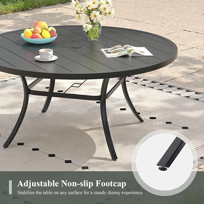 Outdoor Dining Set for 6, 50" Outdoor Dining Table with Umbrella Hole and Padded Textilene Patio Swivel Chairs, 7 Pieces Patio Table and Chairs Set for Garden Backyard, Dark Blue and Black