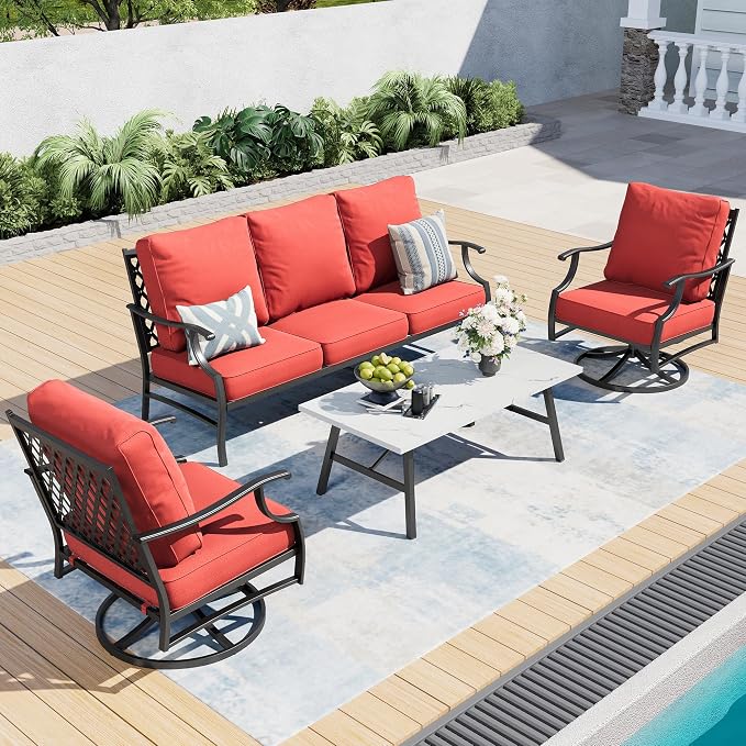 SUNSHINE VALLEY 4 Piece Metal Outdoor Patio Furniture Sets, Patio Conversation Sets 1 3-seater Sofa, 2 Swivel Chair with 5.75" Extra Thick Cushion and Coffee Table, Black Frame Backyard Furniture, Red