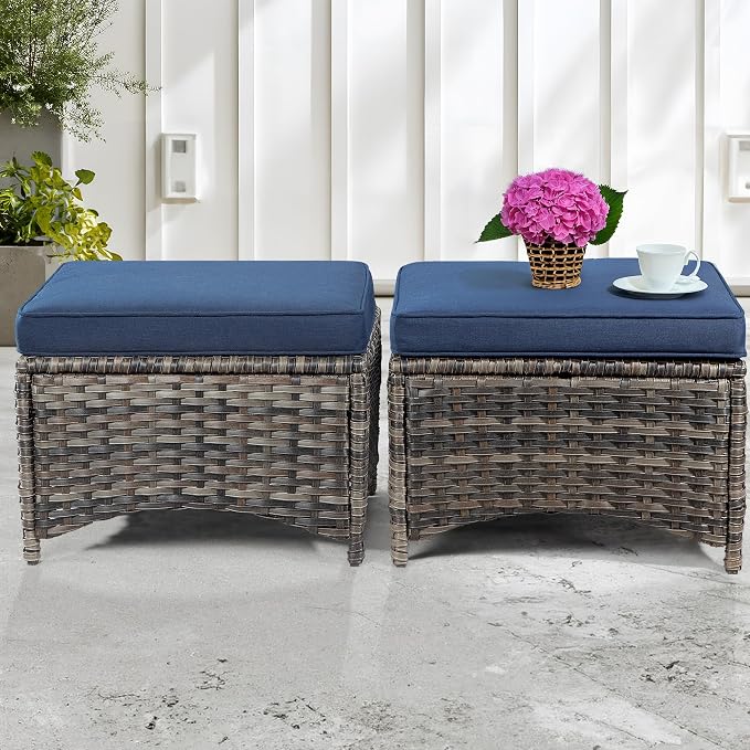 Wicker Patio Furniture Sets 8 Piece Set with 3-Seat Sofa, 2 Swivel Rocking Armchairs, 2 Armchairs, 2 Ottoman and 1 Side Table Wicker Outdoor Furniture Sectional Conversation Set, Blue