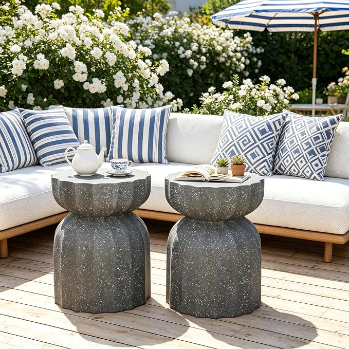 Concrete Outdoor Table Set of 2,13" Modern Round Stone Coffee Table,Waterproof Outdoor Side End Table for Patio Gardens, Backyards and Living Rooms (Gray-N, 13")