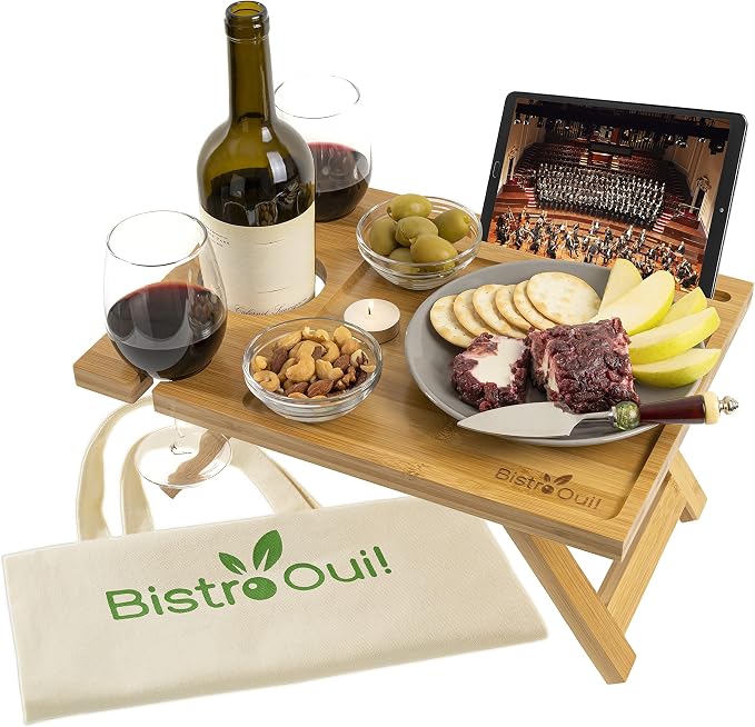 Portable Wine Table, a Folding Mini Picnic Snack Tray for the Beach, Camping, RV, Outdoor Concerts, Breakfast in Bed or Before the Fire